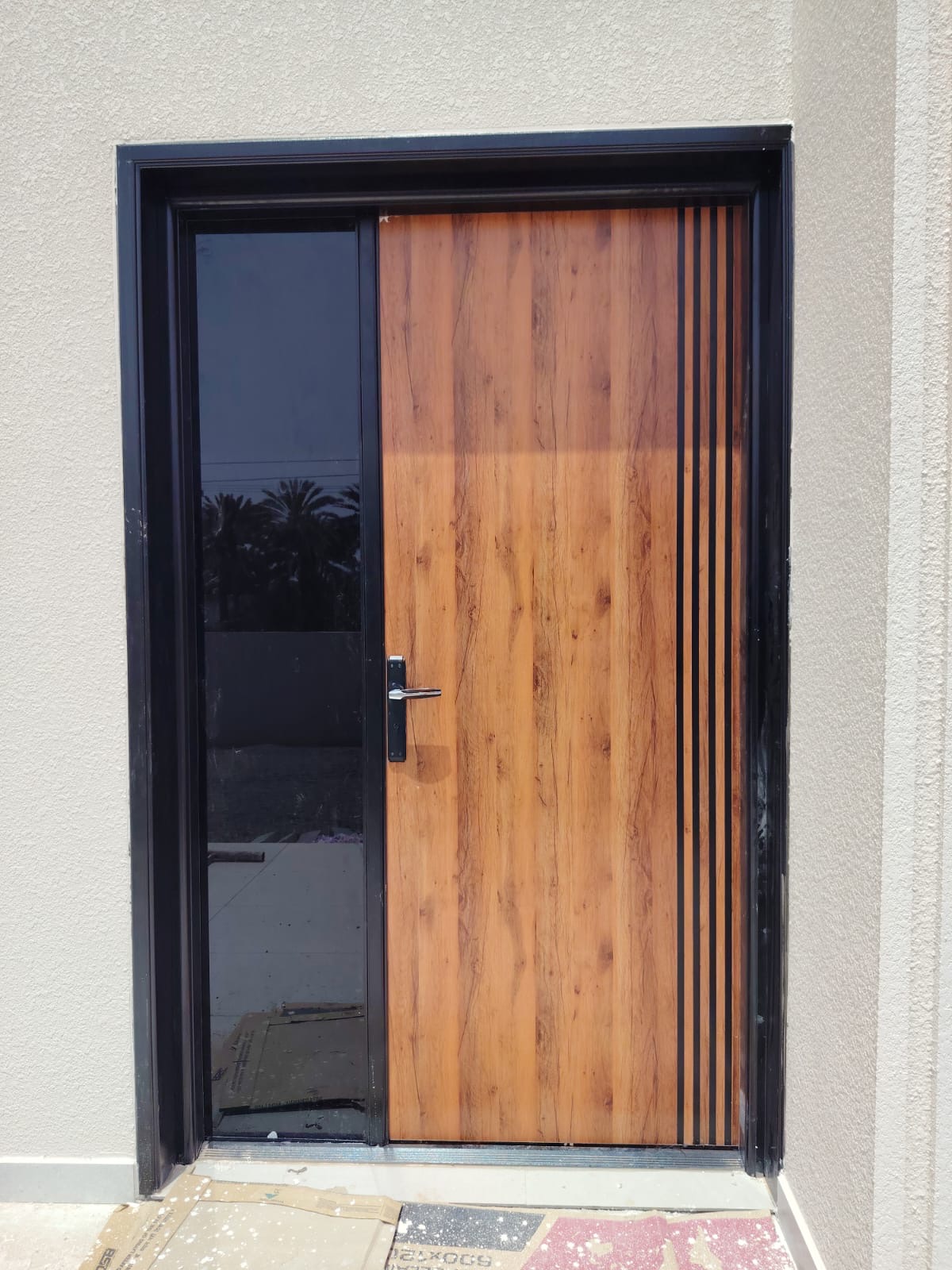 Entrance door with dark glass sidelight