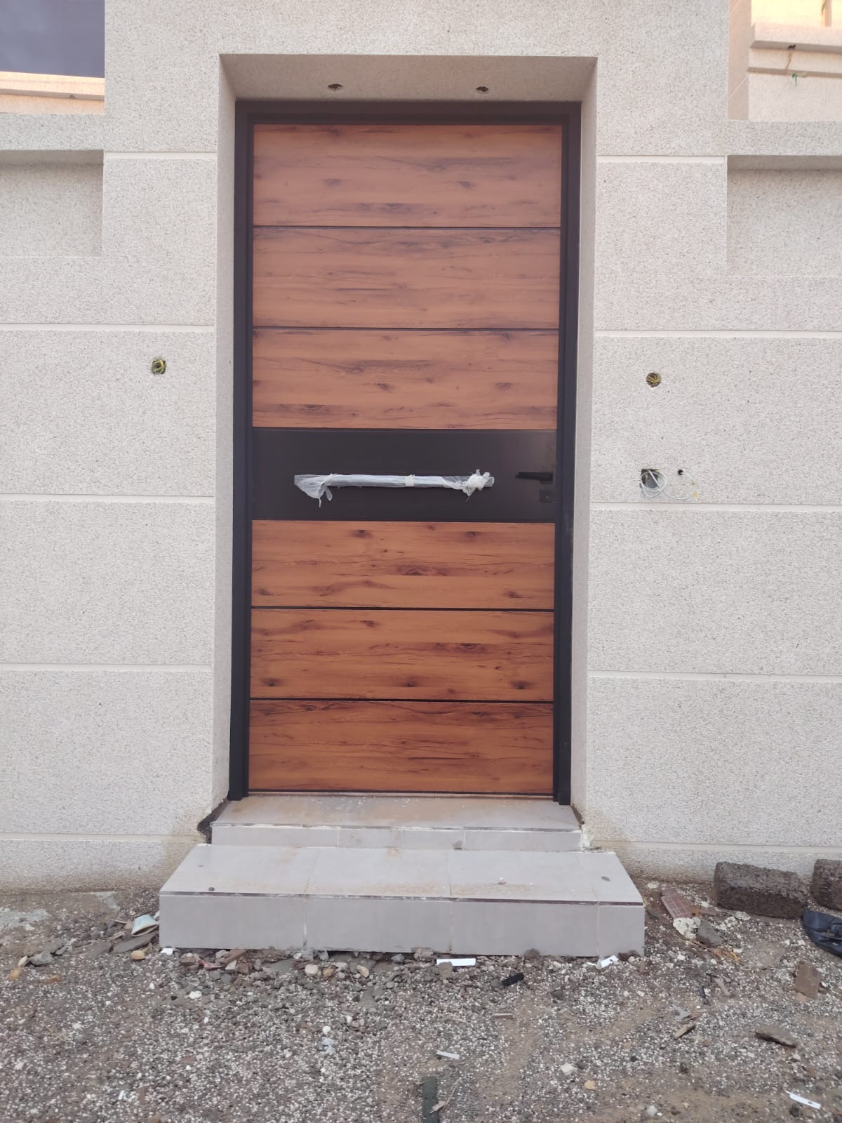 Wood-look entrance door in black frame