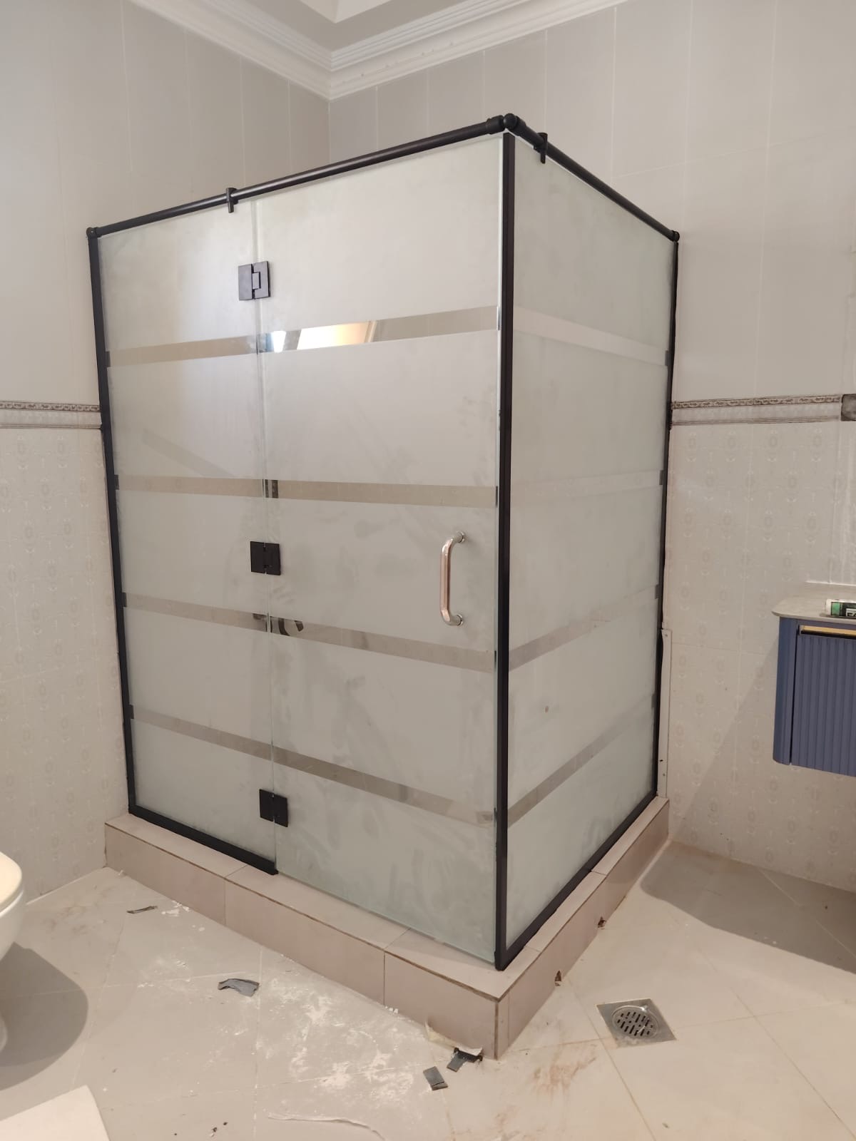 Glass shower enclosure with black frame